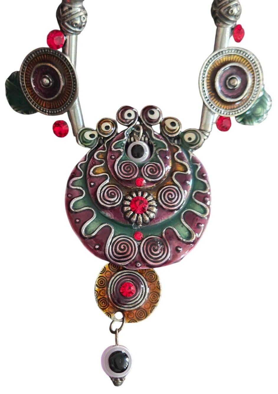 Vintage 90s Purple Green Enamel Necklace Artsy Statement Boho Eye Art to wear
